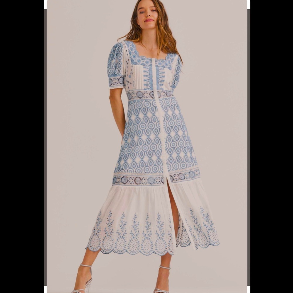 LoveShackFancy Ivory Blue Embroidered Helena Midi Dress NWOT Size 6